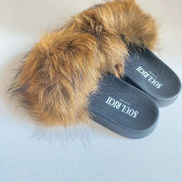 Brown  Fur Real Fur Fluffy Slides NEW 10 - Picture 9 of 10